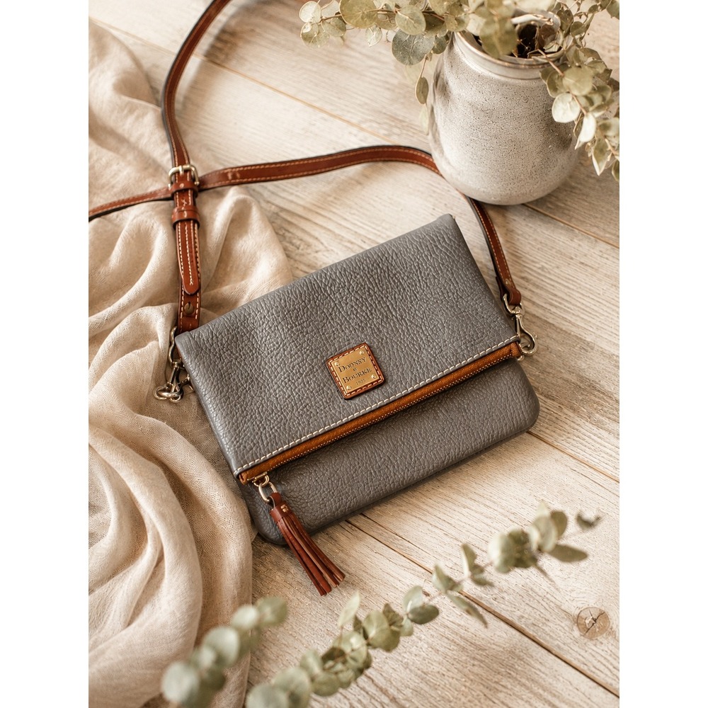 Dooney & Bourke Pebble Leather Foldover Crossbody Bag Taupe Gray Brown Tassel